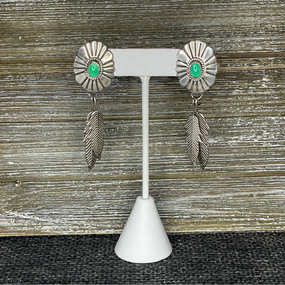 Vintage Sterling Concho Green Chrysoprase Stud Dangle Earrings - Picture 5 of 5